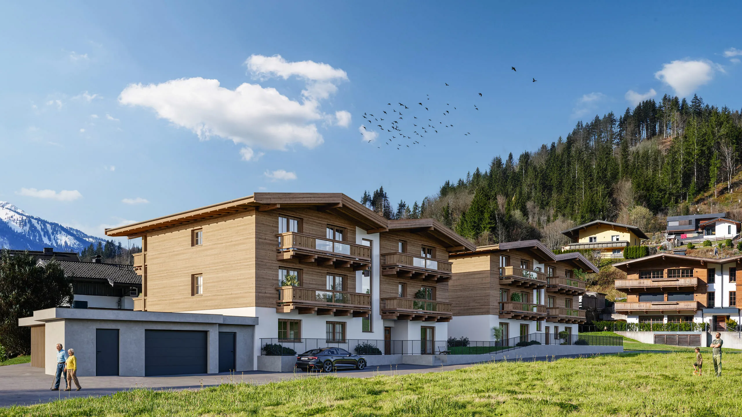 Wohnprojekt von Pletzer Immobilien im Chalet-Stil mit Balkonen und alpiner Umgebung.
